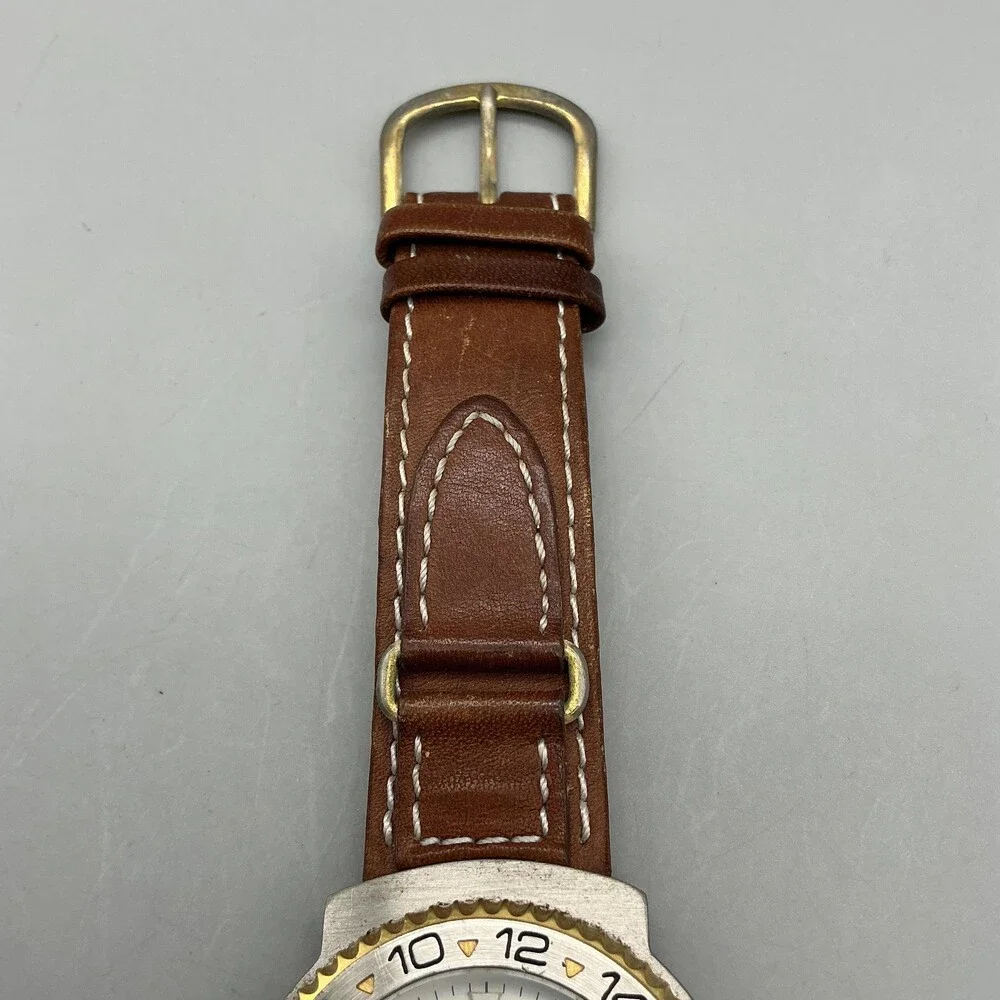 Vintage Helbros Mens Watch 37mm Leather Two Tone Bezel Date New Battery